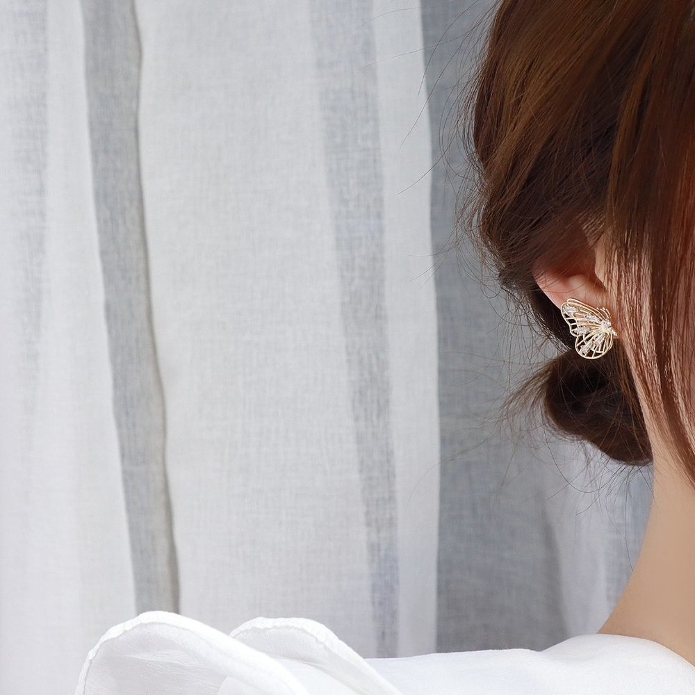 NEW 14K Gold Plated Diamond Butterfly Earrings - Picture 10 of 13
